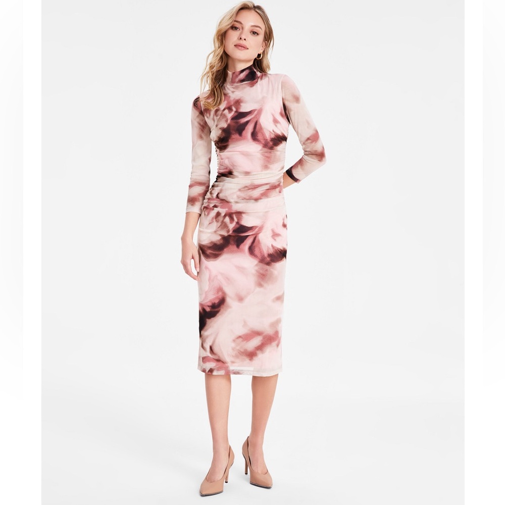 Bar III Pink and White Ruched midi dress